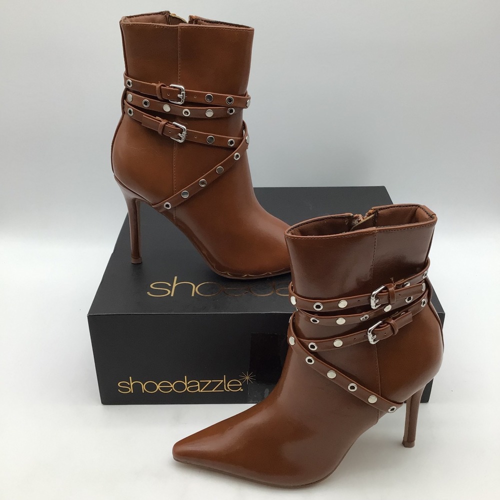 ShoeDazzle Roxana Caramel Cafe Strap Pointed Toe Stiletto Ankle Boots Size 6 NEW